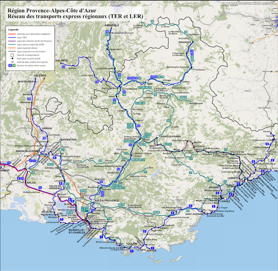 Carte du réseau des transports en commun (bus et train) de la région Paca